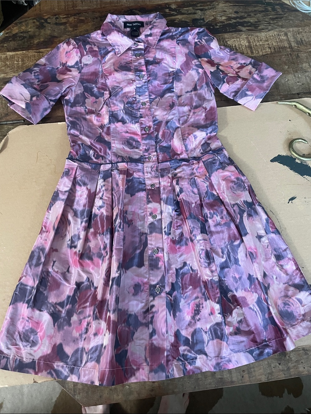 Pink Tartan Rose-Print Button Shirt Mini Dress in Pink and Plum